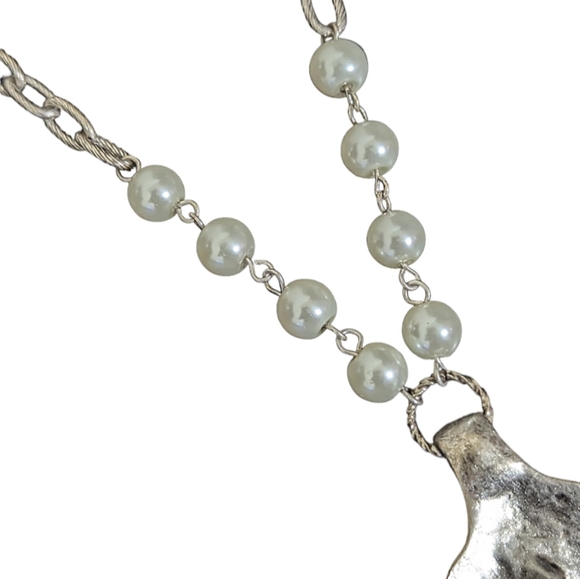 Empire Silver Spoon/Faux White Pearl "Faith" & Cross Opera Chain Clasp Necklace - Picture 6 of 9